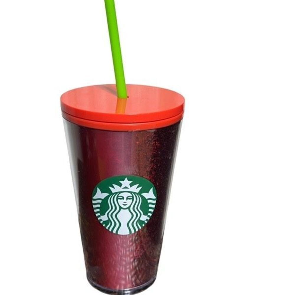 Starbucks Red Glitter Holiday 16oz Tumbler with Lid and Straw